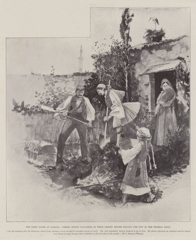 La première alarme à Larissa, les Grecs cachant des objets de valeur dans leur jardin avant de quitter la ville dans la panique générale - Henry Charles Seppings Wright